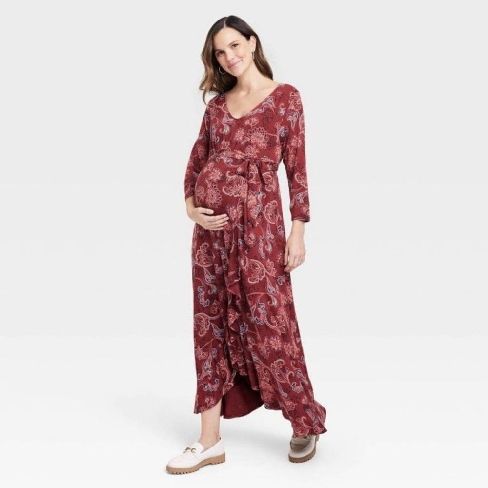 3/4 Sleeve Knit Maternity Dress-Red Floral-Ingrid & Isabel